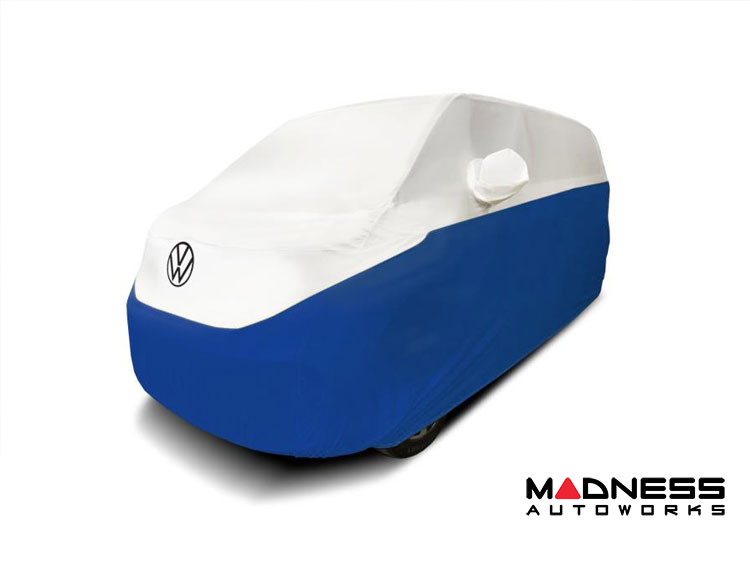 Volkswagen ID. Buzz Custom Fit Vehicle Cover - Satin Stretch - White And Grabber Blue + Rear Passenger Charger Port Flap